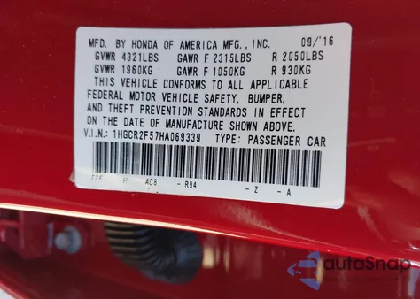 2017 Honda Accord Sport из США, поврежденный, VIN 1HGCR2F57HA069339